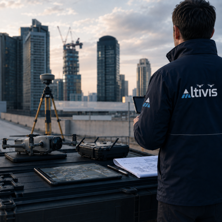Independent UAV Visual Evidence Altivis UAV operator preparing independent roof survey evidence with DJI Mavic 4 Pro equipment on a rooftop.