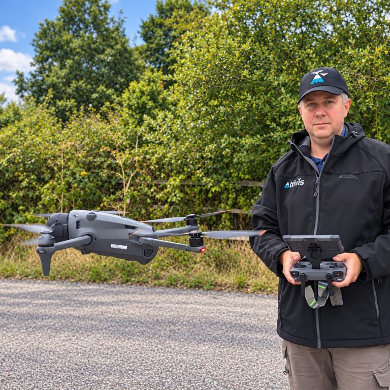 Professional UAV operations Drone operator in high-visibility clothing monitoring a UAV flight over open land.