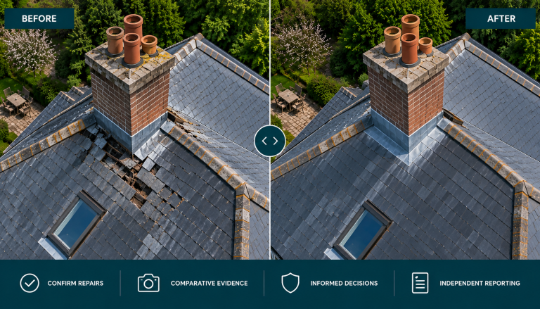 Works Progress Monitoring Before, during and after aerial images illustrating UAV monitoring of visible progress on building works.