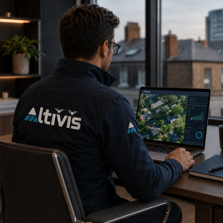 What Makes Altivis Different Altivis survey operator reviewing aerial property imagery and survey data as part of a structured reporting process.