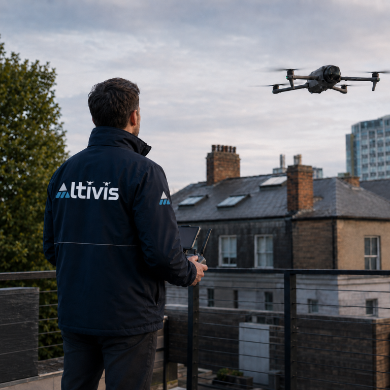 Altivis Professional UAV Roof Survey Altivis UAV operator conducting an aerial roof survey over residential properties using a DJI Mavic 4 Pro.